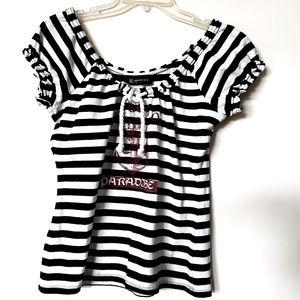 INC Black White Striped Short Sleeve Top with “The Sea of Paradise" print Sz M/P